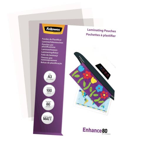 Pouches per plastificatrici Fellowes Standard Enhance80 finitura opaca - 2x80 µm - A3 - Conf. 100 pezzi - 5452003